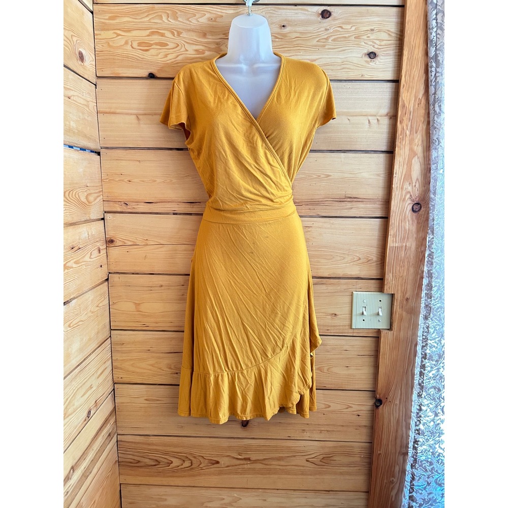 Om Grown Mustard Yellow Wrap Ruffle Hem Dress Medium Soft‎ Boho Short Sleeve